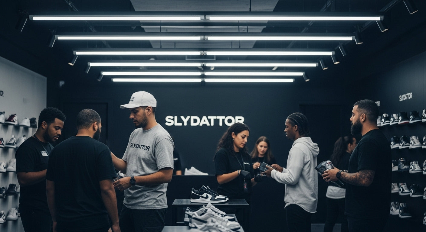 Imagem interna da loja Slydattor com clientes sendo atendidos, destacando o suporte personalizado e a experiência na compra de sneakers