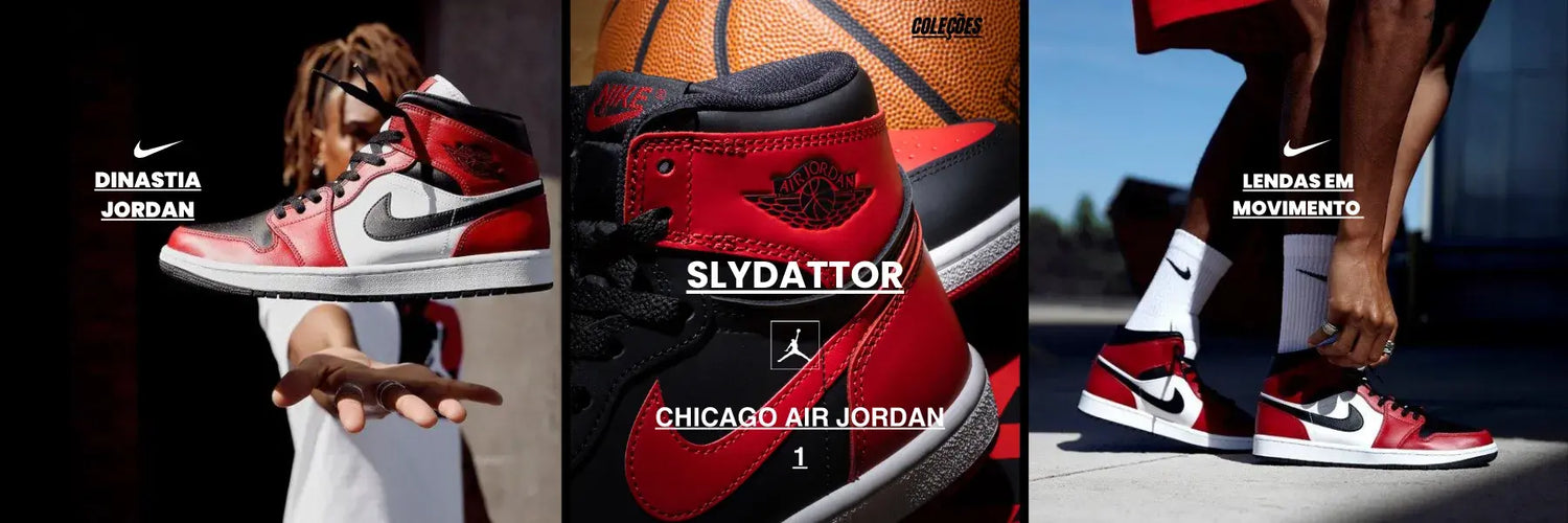 Slide promocional com tênis Jordan 1 Chicago em destaque, representando a coleção completa de modelos Jordan disponíveis na loja